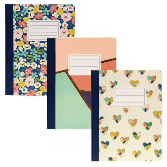 PUKKA PAD Composition Book, Medium/College Rule, Assorted Floral Love Covers, (70) 9.75 x 7.5 Sheets, 3/Pack (9096CD)