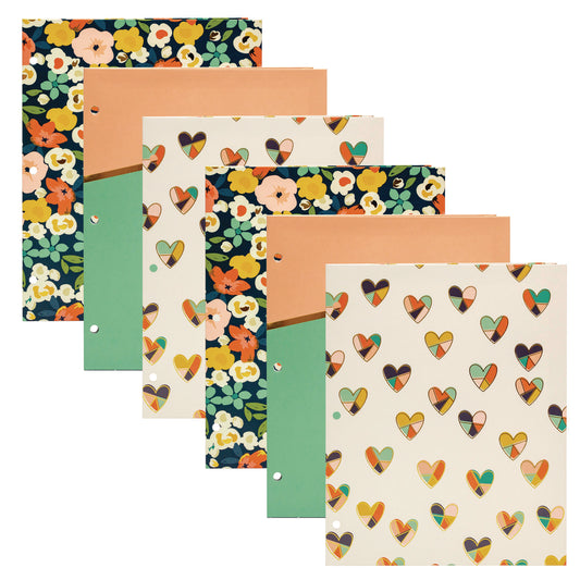 PUKKA PAD Two-Pocket Portfolio Folder, 1" Capacity, 9.6 x 11.9, Floral/Geometric/Hearts, 6/Pack (9098CD)