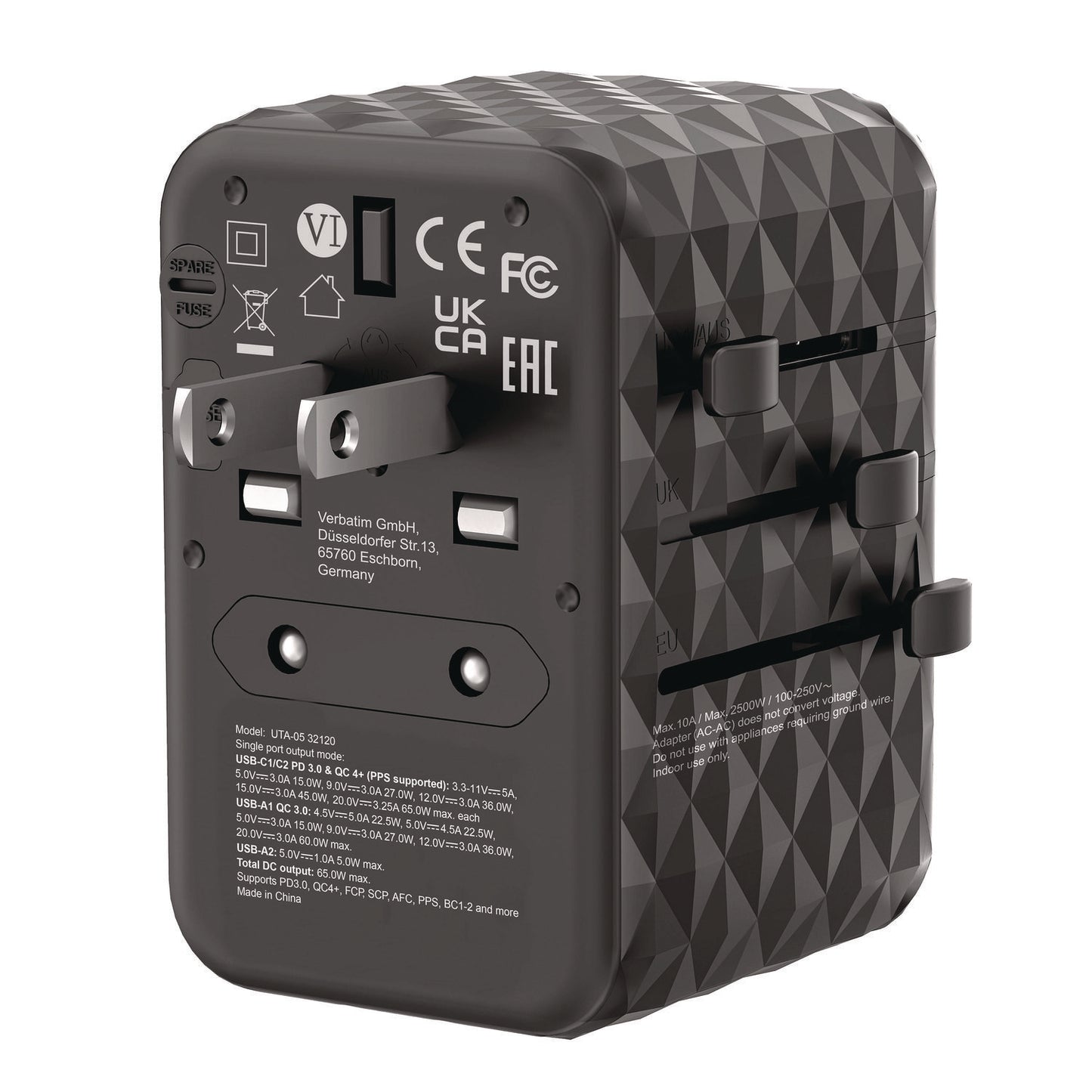 Verbatim UTA-05 Gan III Universal Travel Adapter, (2) USB-A/(2) USB-C/Quick Charge 4+ (32120)