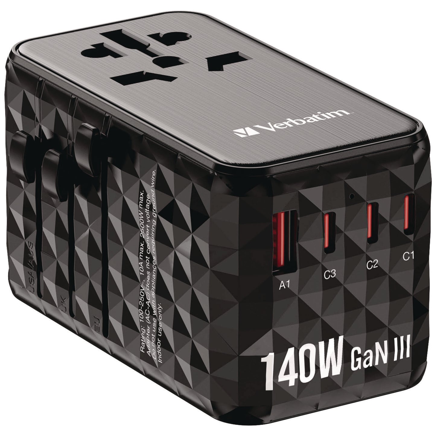 Verbatim UTA-10 GaN III Universal Travel Adapter, (3) USB-A/(3) USB-C (32125)