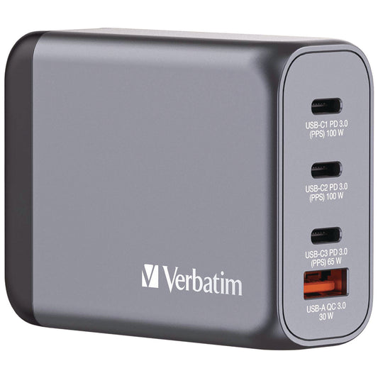 Verbatim 100 W 4-Port GaN Wall Charger, Black/Gray (32202)