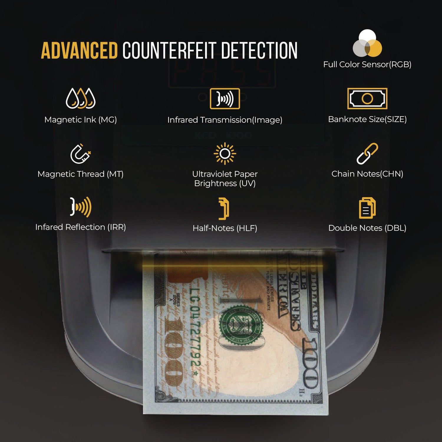 Kolibri KCD-1000 Counterfeit Detector, Dimensional, Image, IR, MG, MT, Thickness, UV and Watermark Detection, US Currency