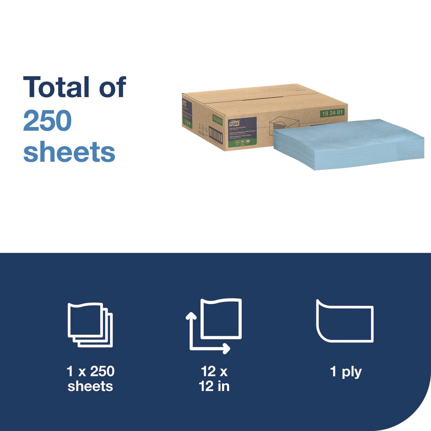 Tork Low-Lint Cleaning Cloth, 1-Ply, 12 x 12, Blue, 250 Sheets/Carton (192481)