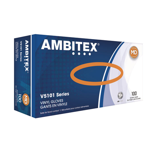 AMBITEX V5101 Series Latex-Free Powdered Vinyl Gloves, 3 mil, Medium, Clear, 100/Box (VMD5101)