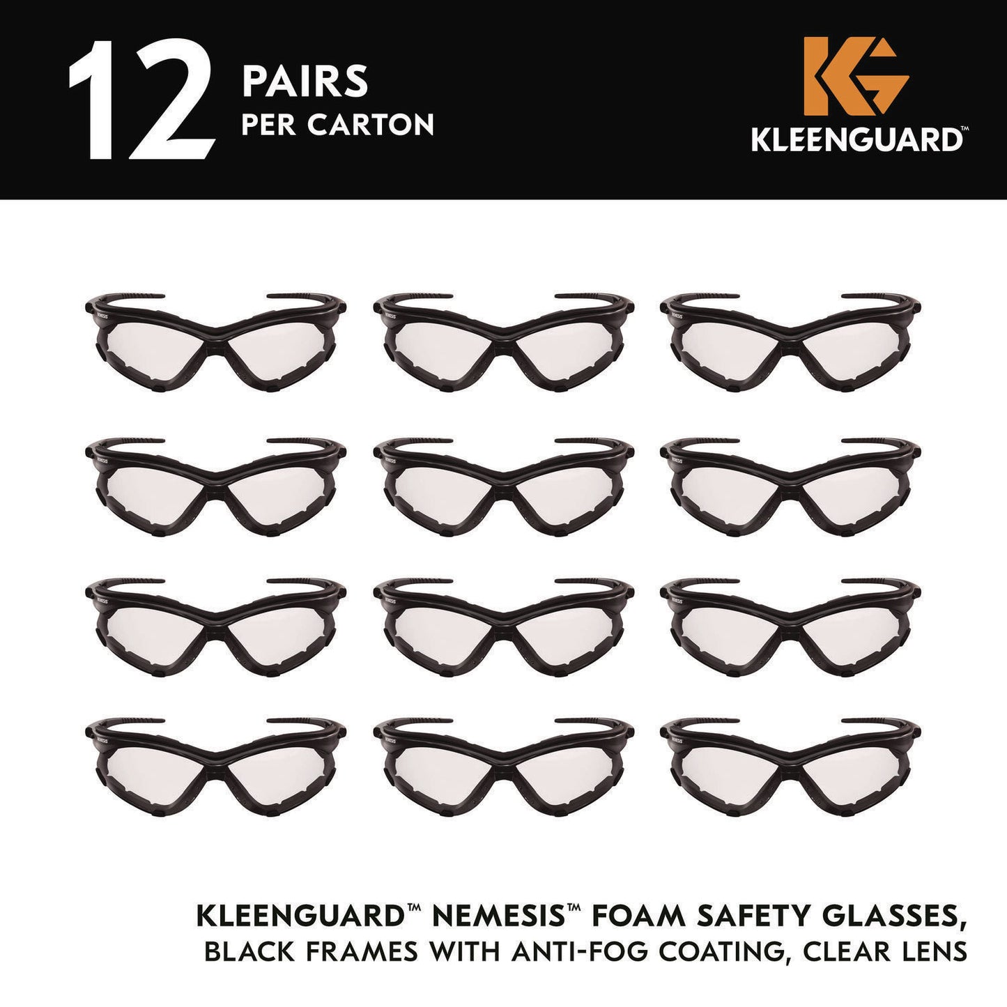 KleenGuard V30 Nemesi Foam Safety Glasses, Black Nylon Frame, Clear Polycarbonate Lens, 12/Carton (65335)