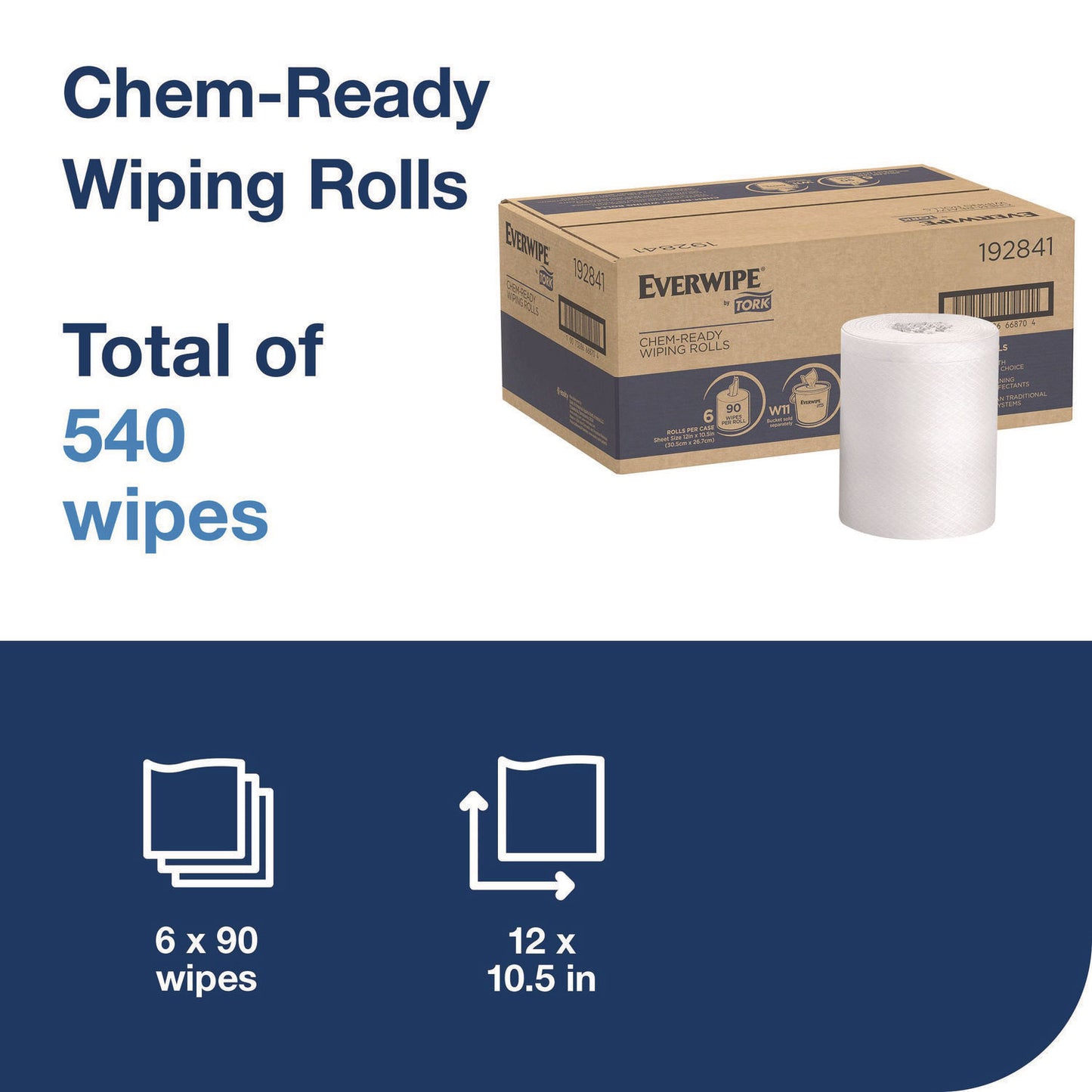 Tork Chem-Ready Wiping Rolls, 1-Ply, 12 x 12, White, 90 Sheets, 6 Rolls/Carton (192841)