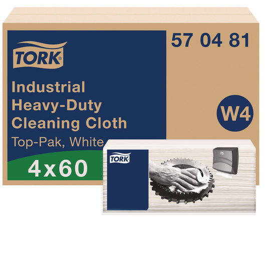 Tork Industrial Heavy-Duty Cleaning Cloth, 1-Ply, 13.97 x, 4.25, Unscented, White, 60 Cloths, 4/Carton (570481)