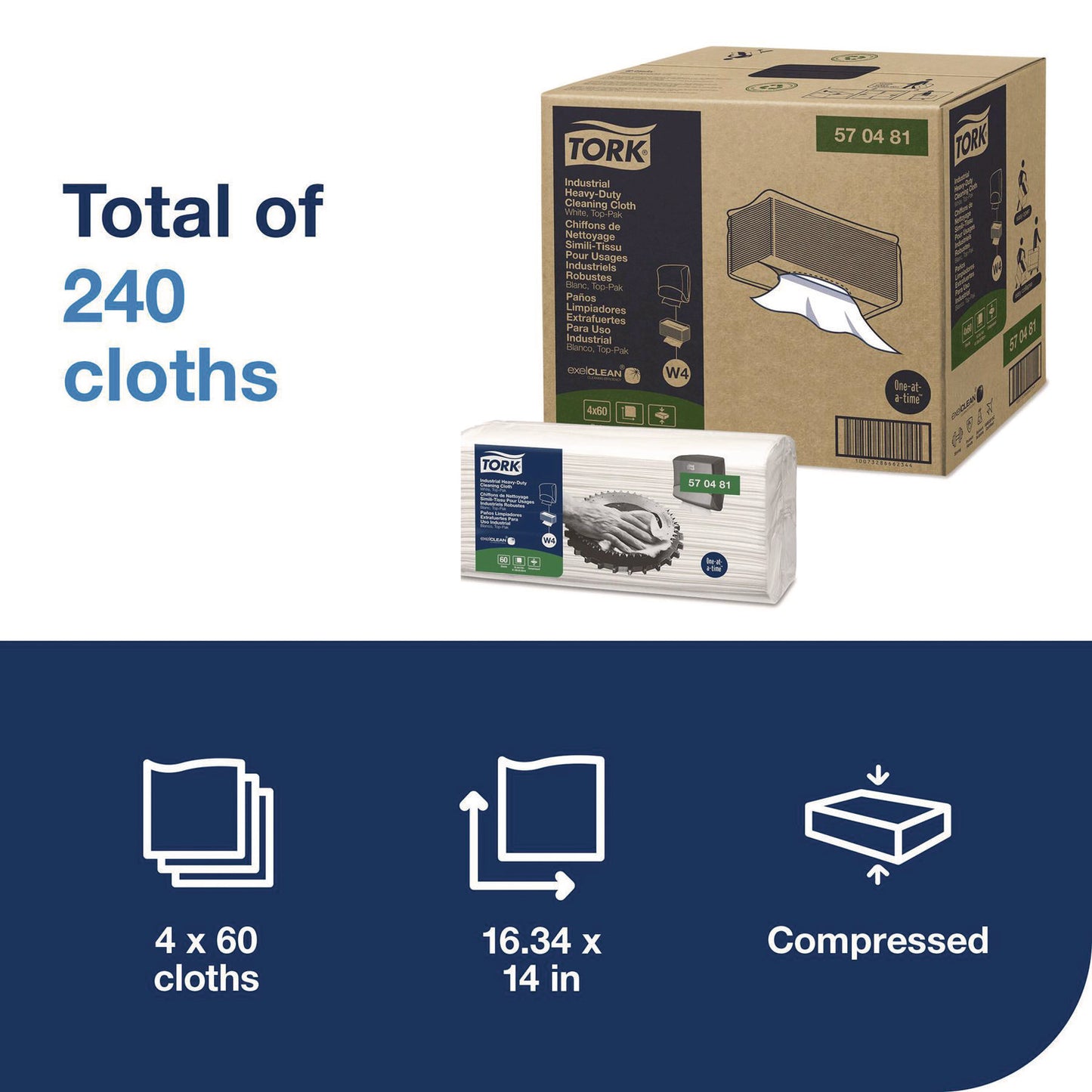 Tork Industrial Heavy-Duty Cleaning Cloth, 1-Ply, 13.97 x, 4.25, Unscented, White, 60 Cloths, 4/Carton (570481)