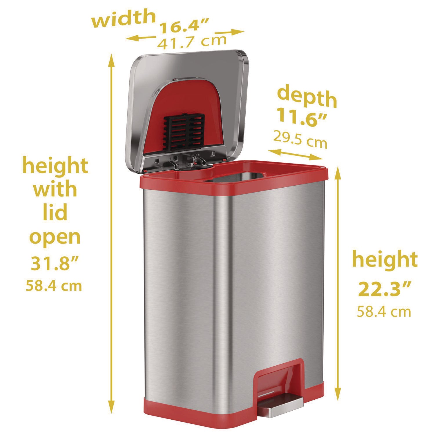 HLS Commercial Step Pedal-Sensor Trash Can, 13 gal, Plastic/Stainless Steel, Silver/Red (HLS13SR)