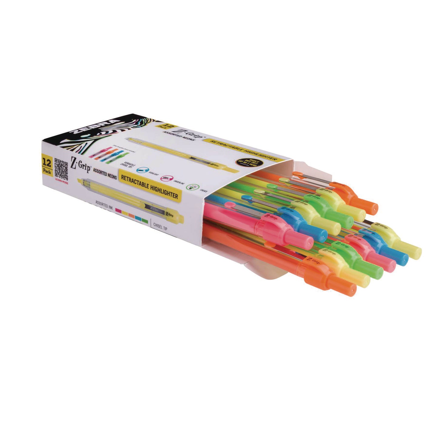 Zebra Z-Grip Retractable Highlighter Markers, Assorted Neon Ink, Chisel Tip, Assorted Neon Barrel, Dozen (71200)