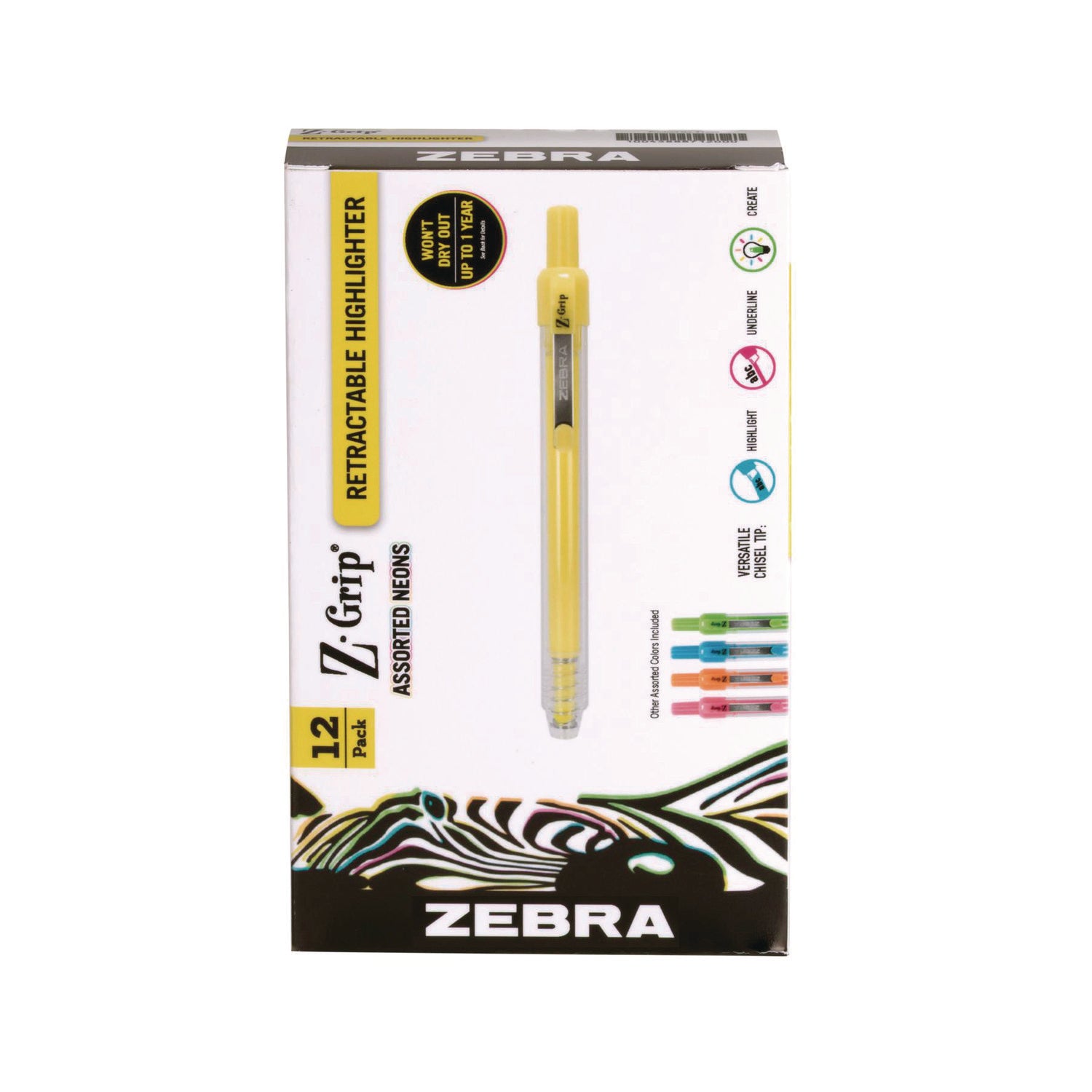 Zebra Z-Grip Retractable Highlighter Markers, Assorted Neon Ink, Chisel Tip, Assorted Neon Barrel, Dozen (71200)