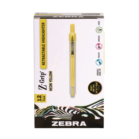 Zebra Z-Grip Retractable Highlighter Markers, Neon Yellow Ink, Chisel Tip, Neon Yellow Barrel, Dozen (71250)