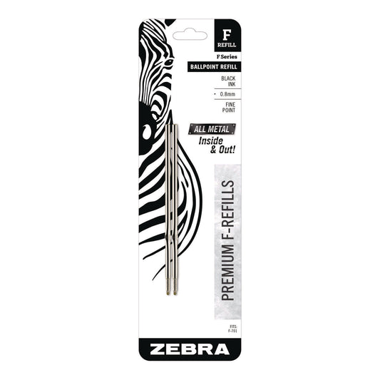 Zebra F-Series Ballpoint Stainless Steel Pen Refill, Fine 0.8 mm Conical Tip, Black Ink, 2/Pack (89112)