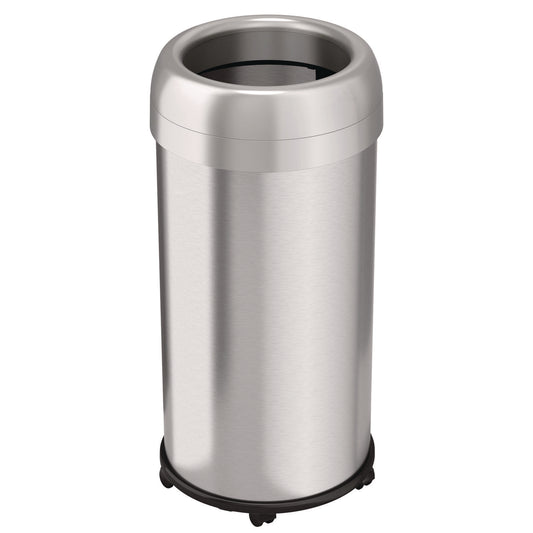 HLS Commercial Open Top Trash Can with Wheels, Round, 16 gal, Plastic/Stainless Steel, Silver (HLS16STRM)