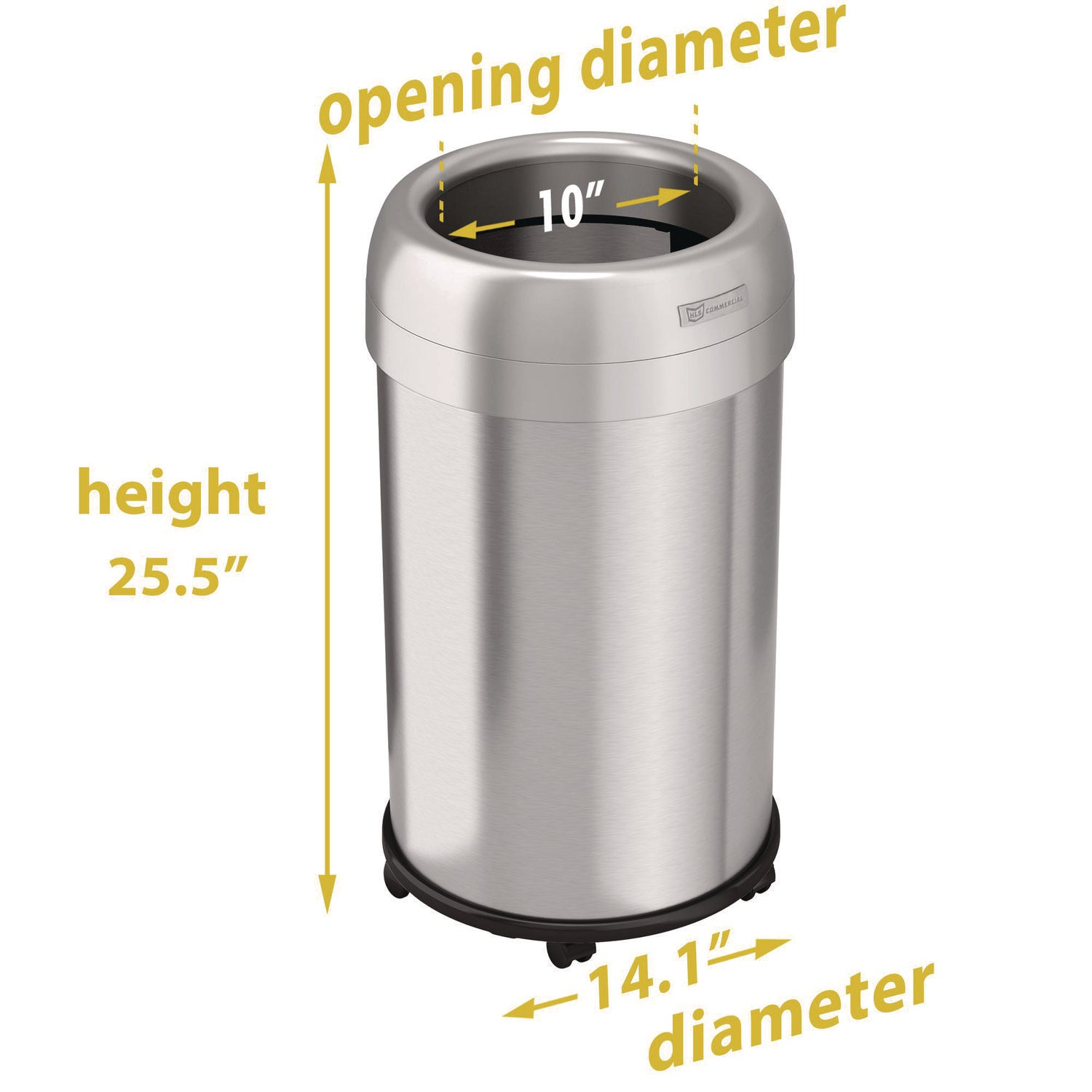 HLS Commercial Open Top Trash Can with Wheels, Round, 13 gal, Plastic/Stainless Steel, Silver (HLS13STRM)