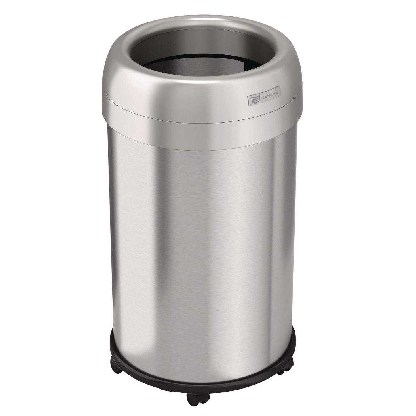 HLS Commercial Open Top Trash Can with Wheels, Round, 13 gal, Plastic/Stainless Steel, Silver (HLS13STRM)