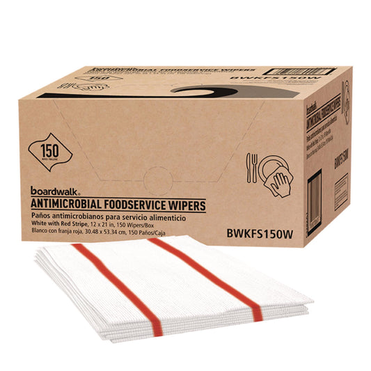 Boardwalk Antimicrobial Foodservice Wipers, 1-Ply, 12 x 21, Red/White, 150/Carton (FS150W)