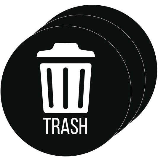 HLS Commercial Vinyl Decals, Trash, 4" Diameter, Black/White, 3/Pack (HLSKERTRASH3)