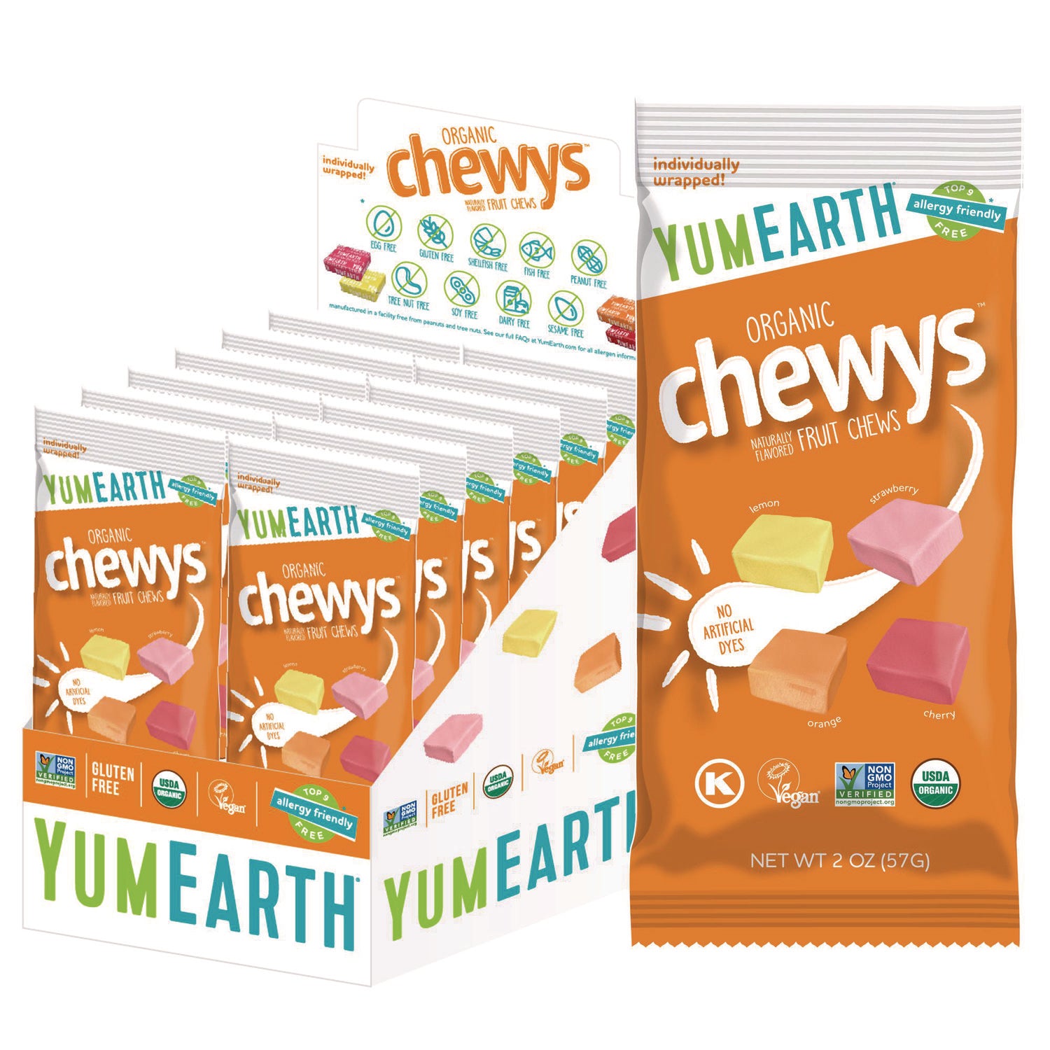 YumEarth Organic Chewys, Assorted Flavors, 2 oz Bag, 12/Carton (22002291)