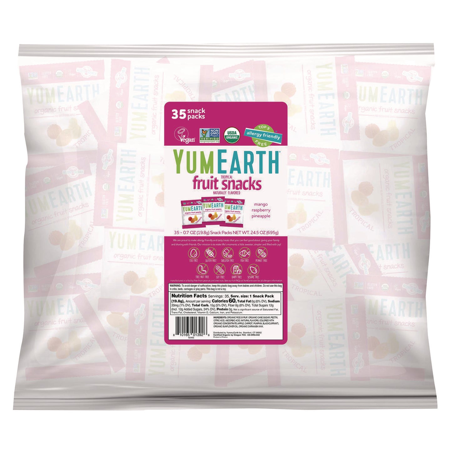 YumEarth Organic Tropical Fruit Pack Snacks, Assorted Flavors, 0.7 oz Bag, 35/Carton (22002294)