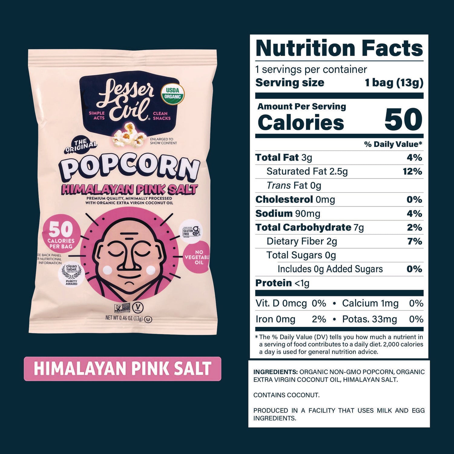 LesserEvil Himalayan Pink Salt Organic Popcorn, Salt, 0.46 oz Bag, 24/Carton (22001053)