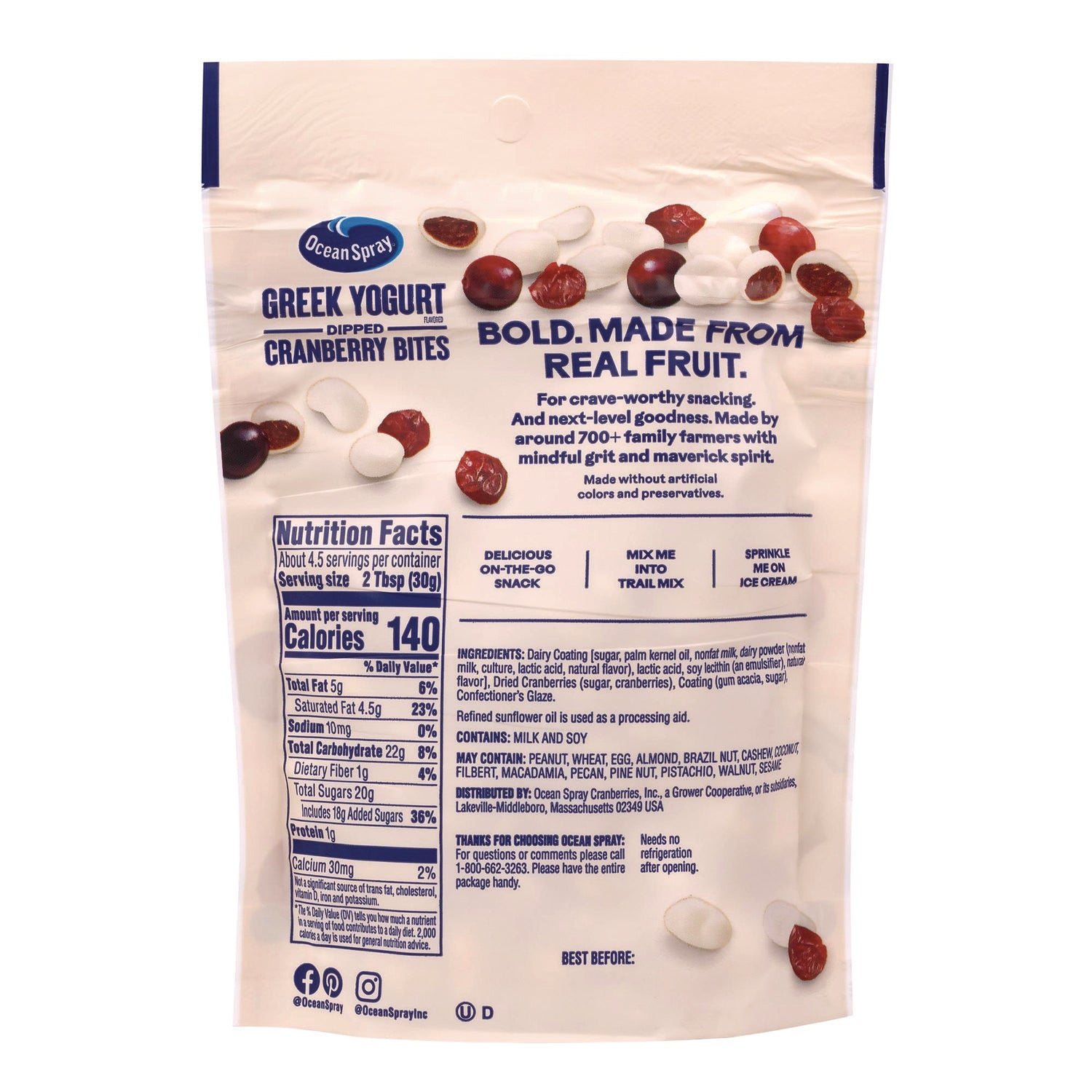 Ocean Spray Greek Yogurt Dipped Cranberry Bites, Cranberry/Yogurt, 5 oz Bag, 12/Carton (22002298)