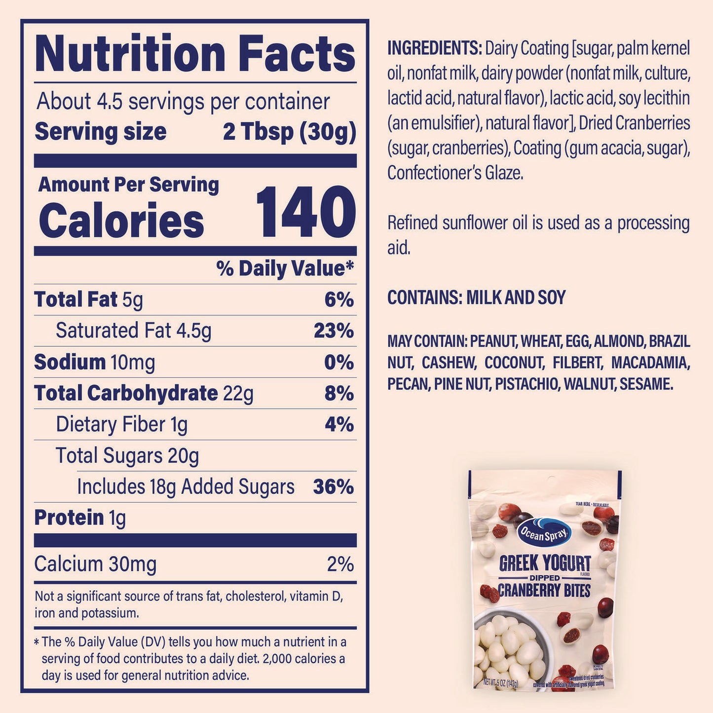 Ocean Spray Greek Yogurt Dipped Cranberry Bites, Cranberry/Yogurt, 5 oz Bag, 12/Carton (22002298)