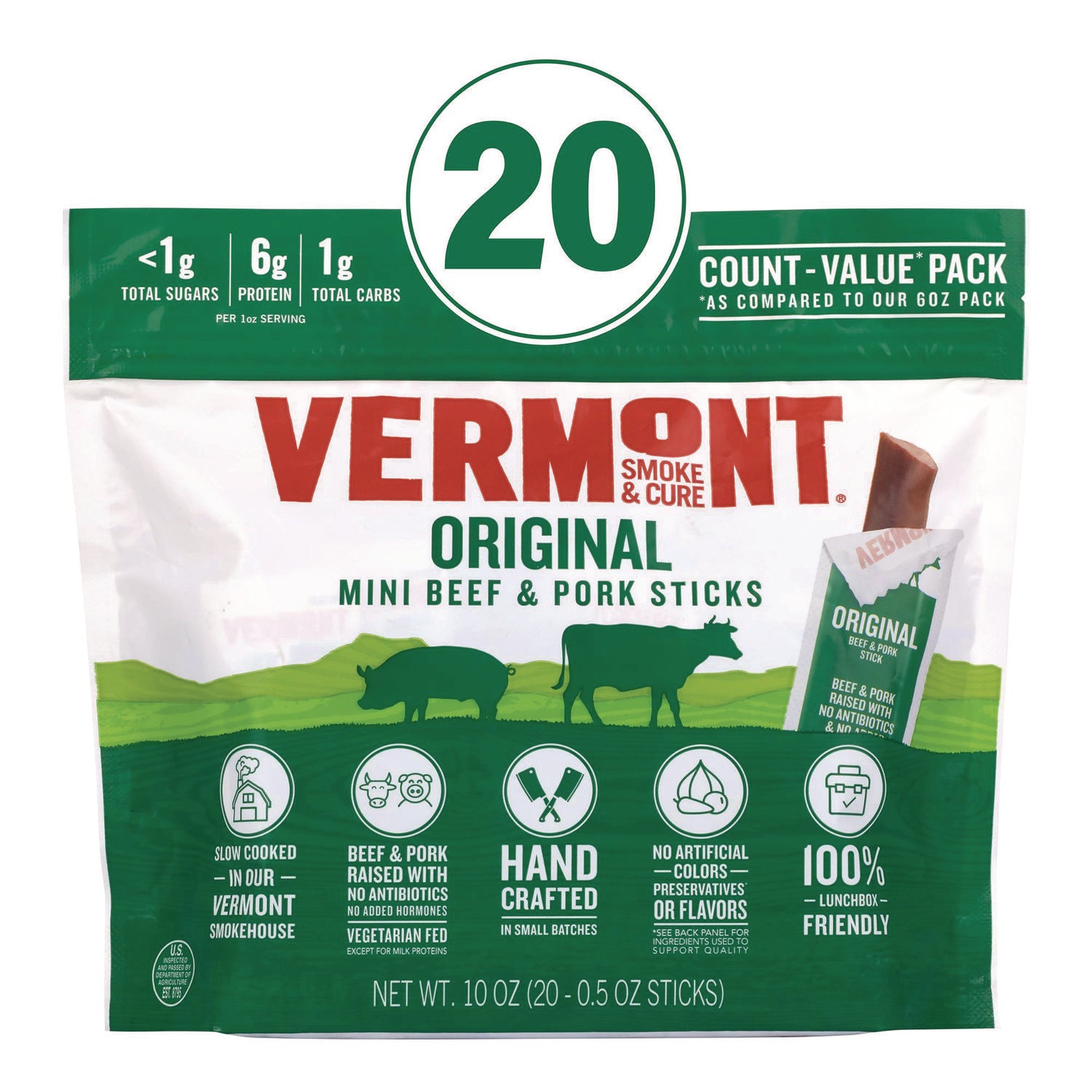 Vermont Smoke and Cure Original Flavor Mini Snack Sticks, Beef, 0.5 oz Individually Wrapped, 20/Carton (22002353)