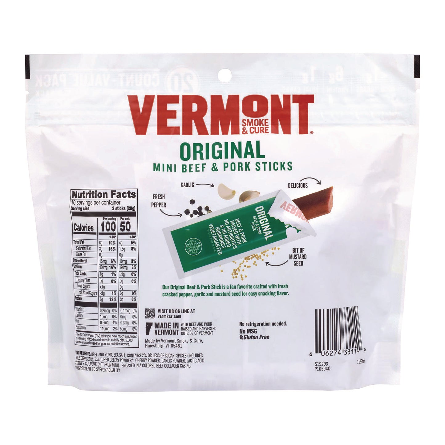 Vermont Smoke and Cure Original Flavor Mini Snack Sticks, Beef, 0.5 oz Individually Wrapped, 20/Carton (22002353)