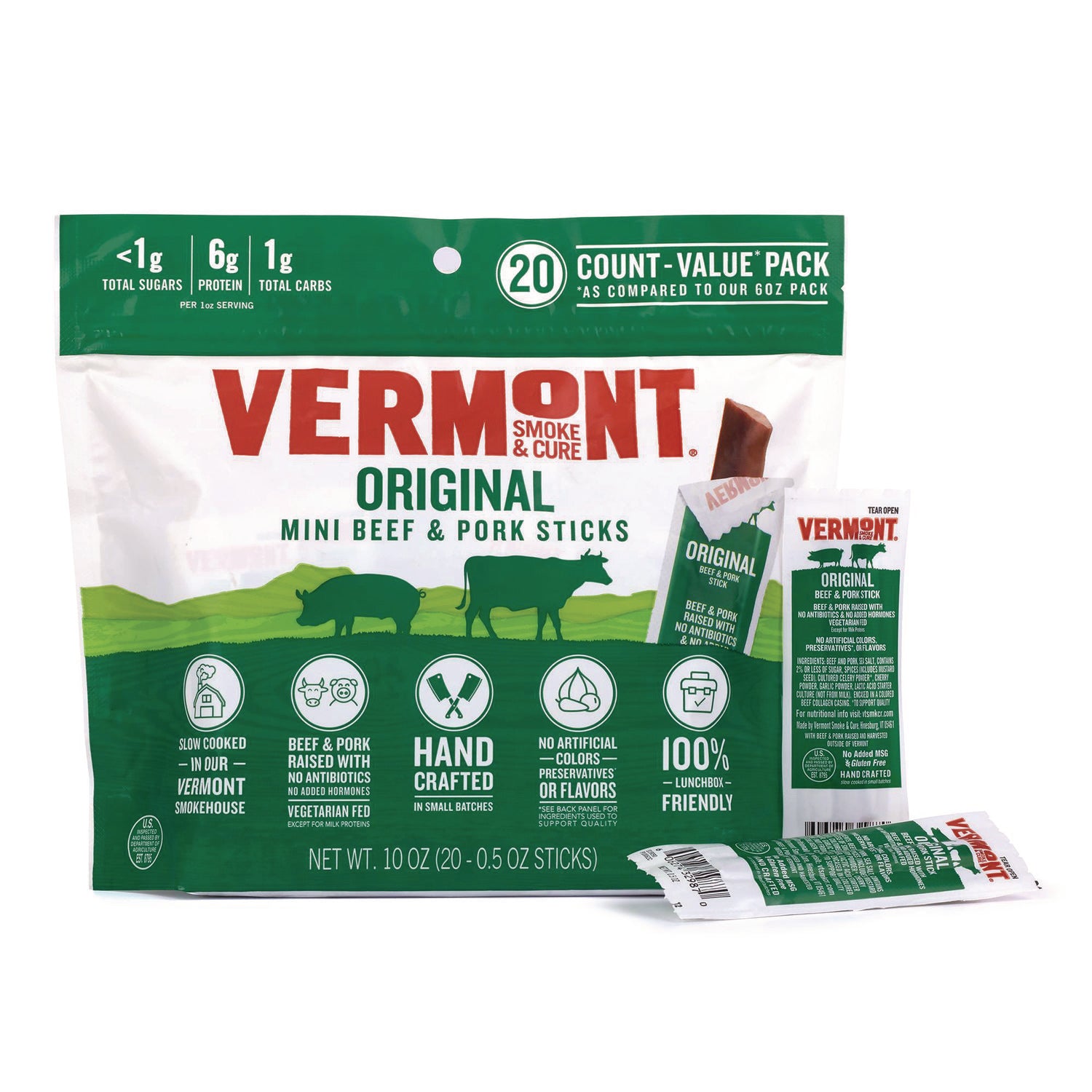 Vermont Smoke and Cure Original Flavor Mini Snack Sticks, Beef, 0.5 oz Individually Wrapped, 20/Carton (22002353)