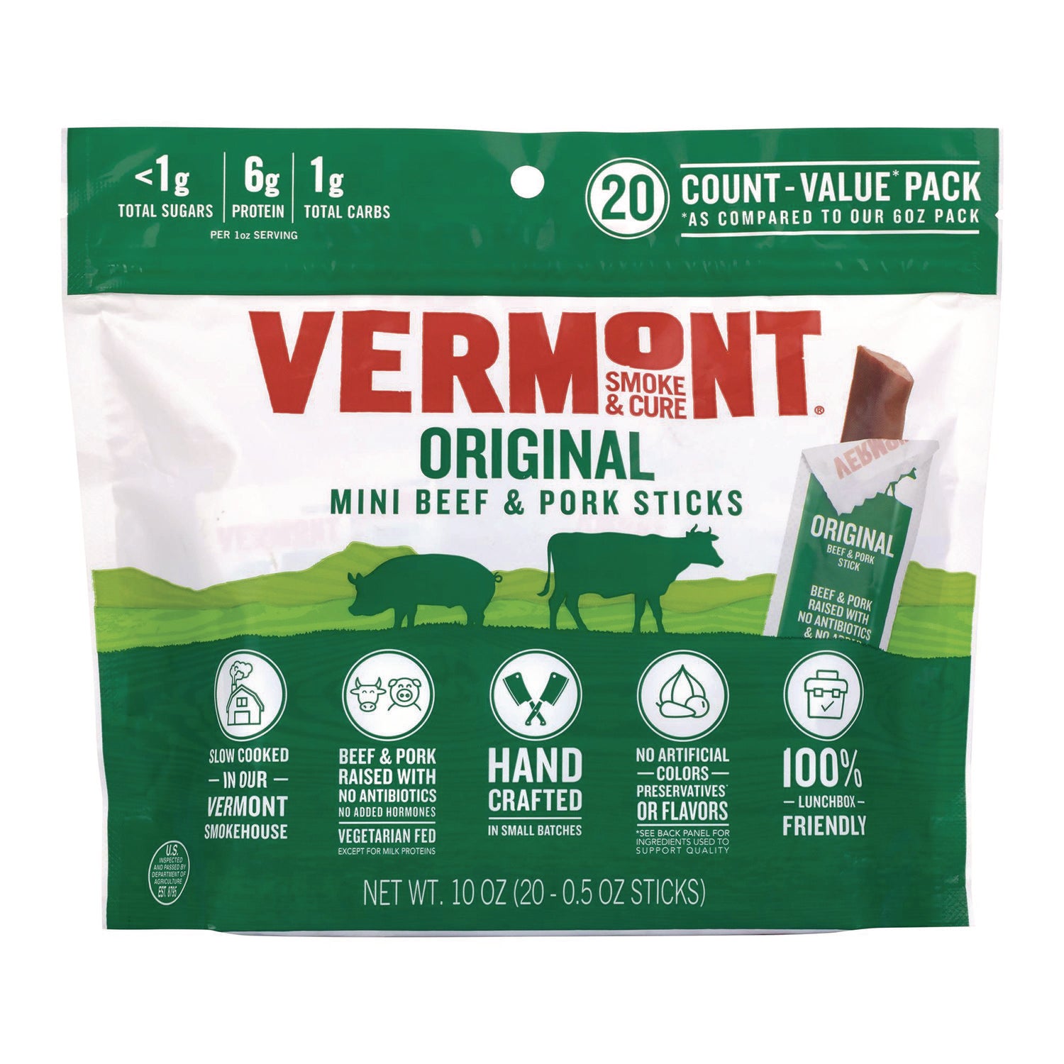 Vermont Smoke and Cure Original Flavor Mini Snack Sticks, Beef, 0.5 oz Individually Wrapped, 20/Carton (22002353)