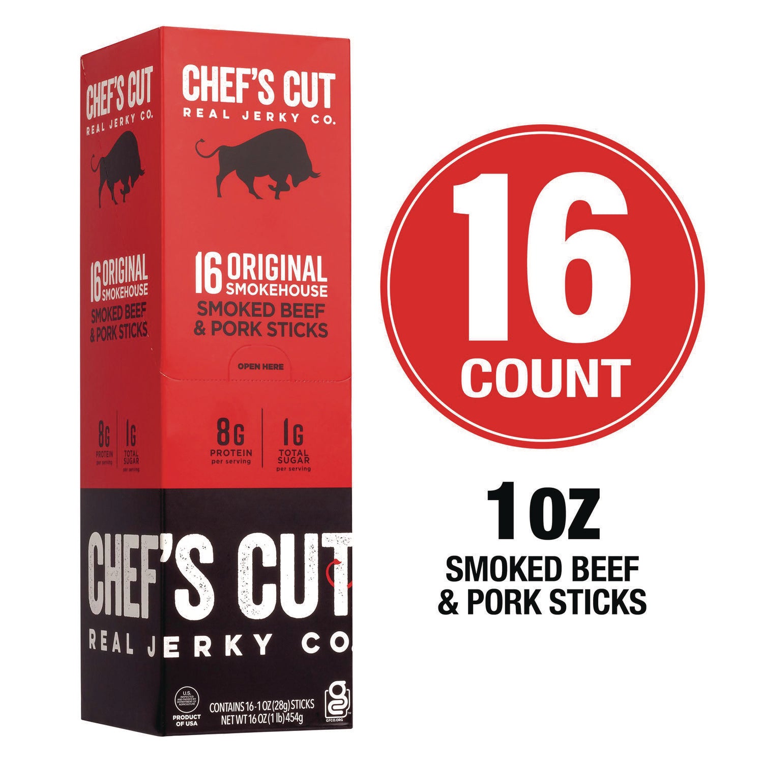 Chefs Cut Real Jerky Original Smokehouse Beef & Pork Meat Stick, 1 oz Individually Wrapped, 16/Carton (22002354)