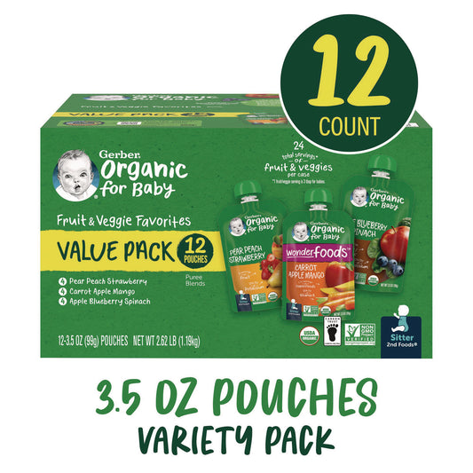 Gerber Organic 2nd Foods Baby Food Pouches, Assorted Flavors, 3.5 oz Pouch, 12/Carton (22002367)