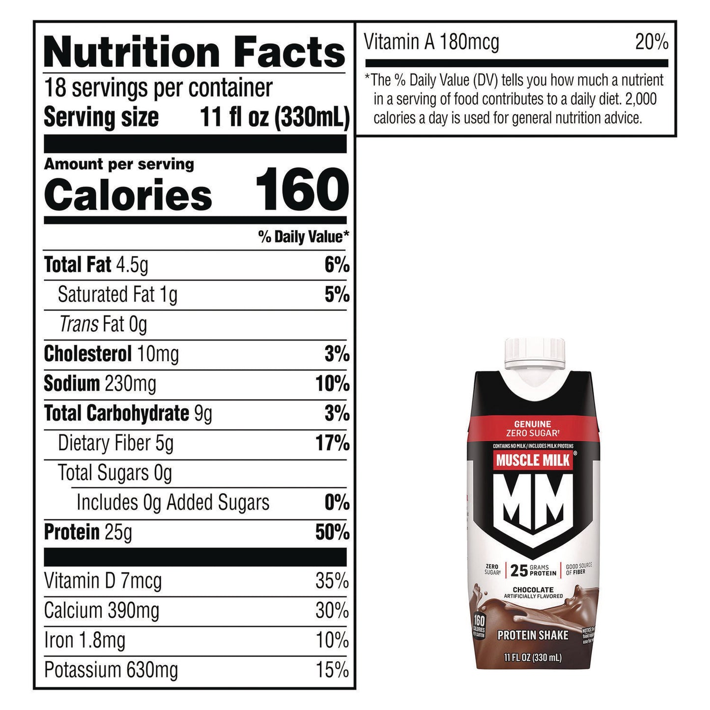 Muscle Milk Genuine Chocolate Protein Shake, 11 oz Carton, 18/Carton (22002378)