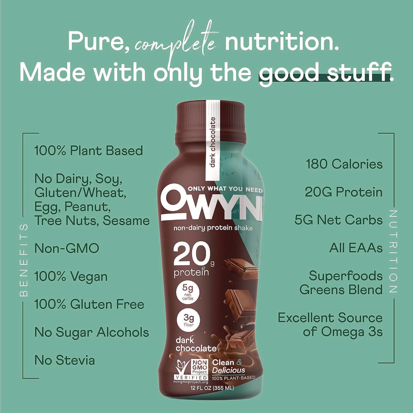 Owyn 20 g Protein Drink, Chocolate, 12 oz Bottle, 12/Carton (38200001)