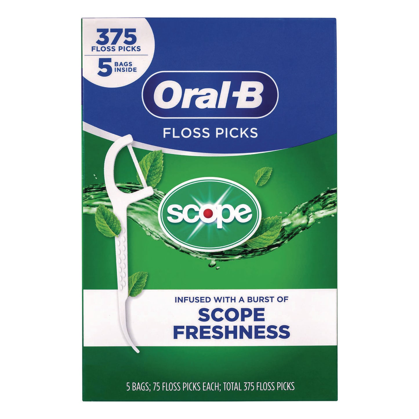 Oral-B Burst of Scope Floss Picks, Fresh Mint, 75 Picks/Bag, 5 Bags/Carton (22002395)