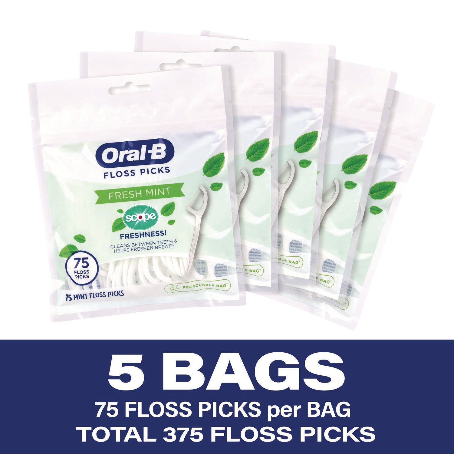 Oral-B Burst of Scope Floss Picks, Fresh Mint, 75 Picks/Bag, 5 Bags/Carton (22002395)