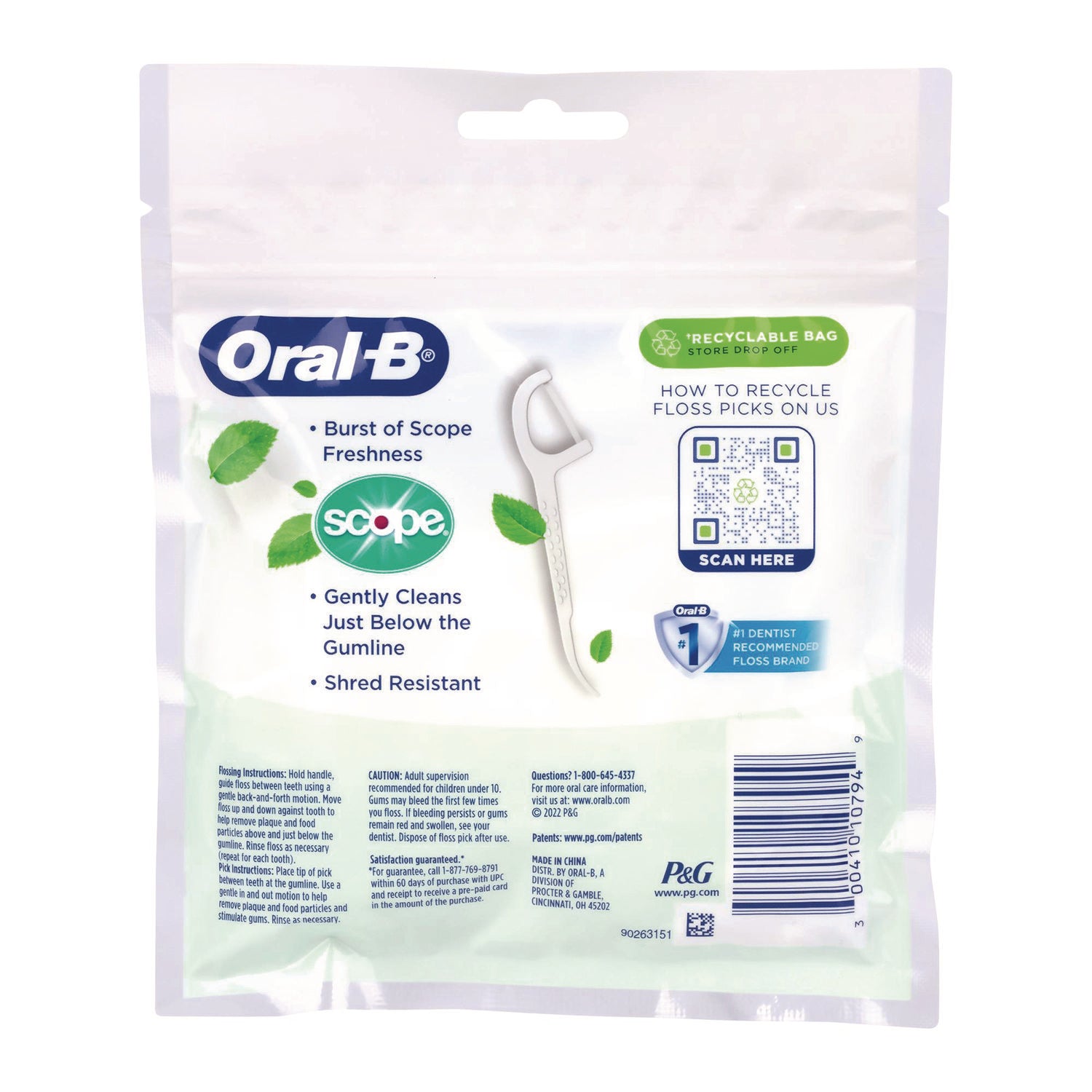 Oral-B Burst of Scope Floss Picks, Fresh Mint, 75 Picks/Bag, 5 Bags/Carton (22002395)