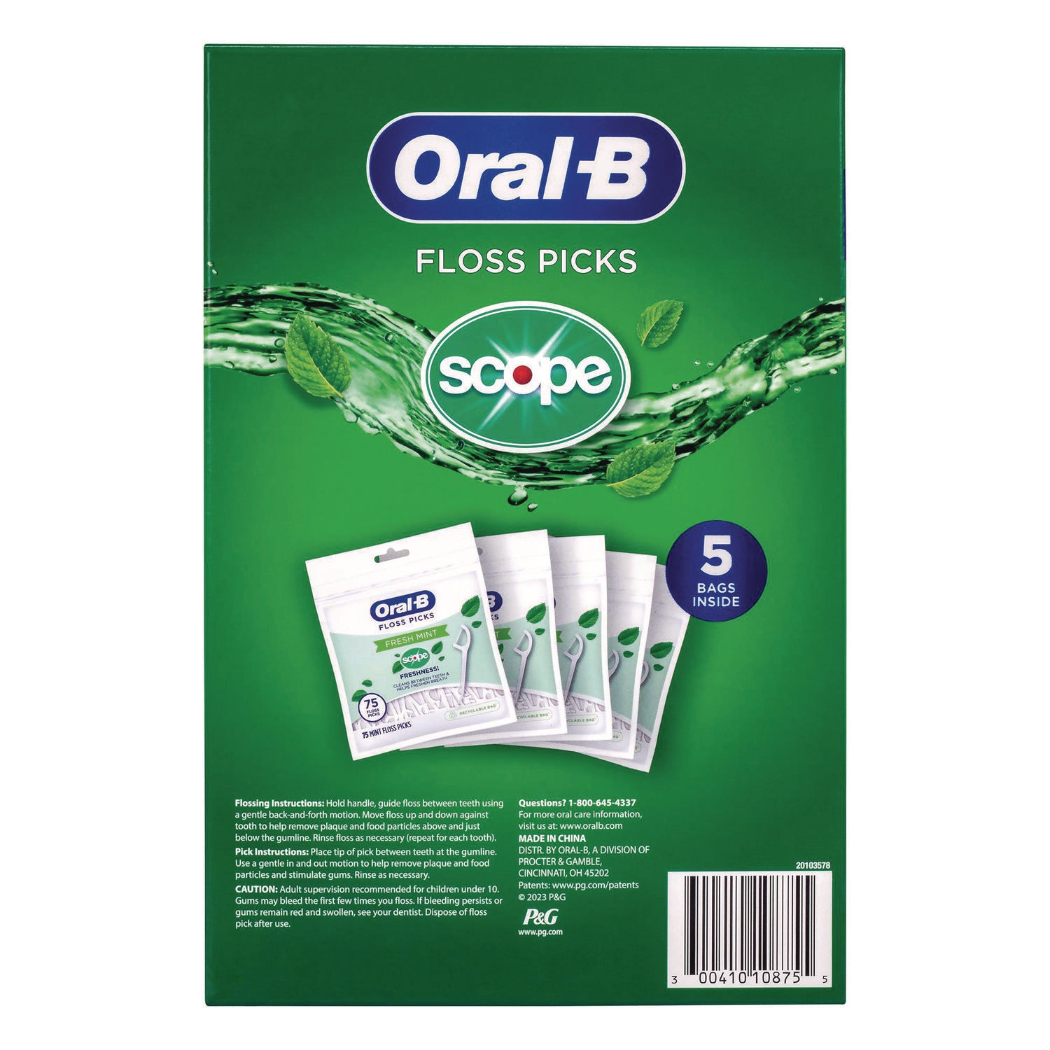 Oral-B Burst of Scope Floss Picks, Fresh Mint, 75 Picks/Bag, 5 Bags/Carton (22002395)