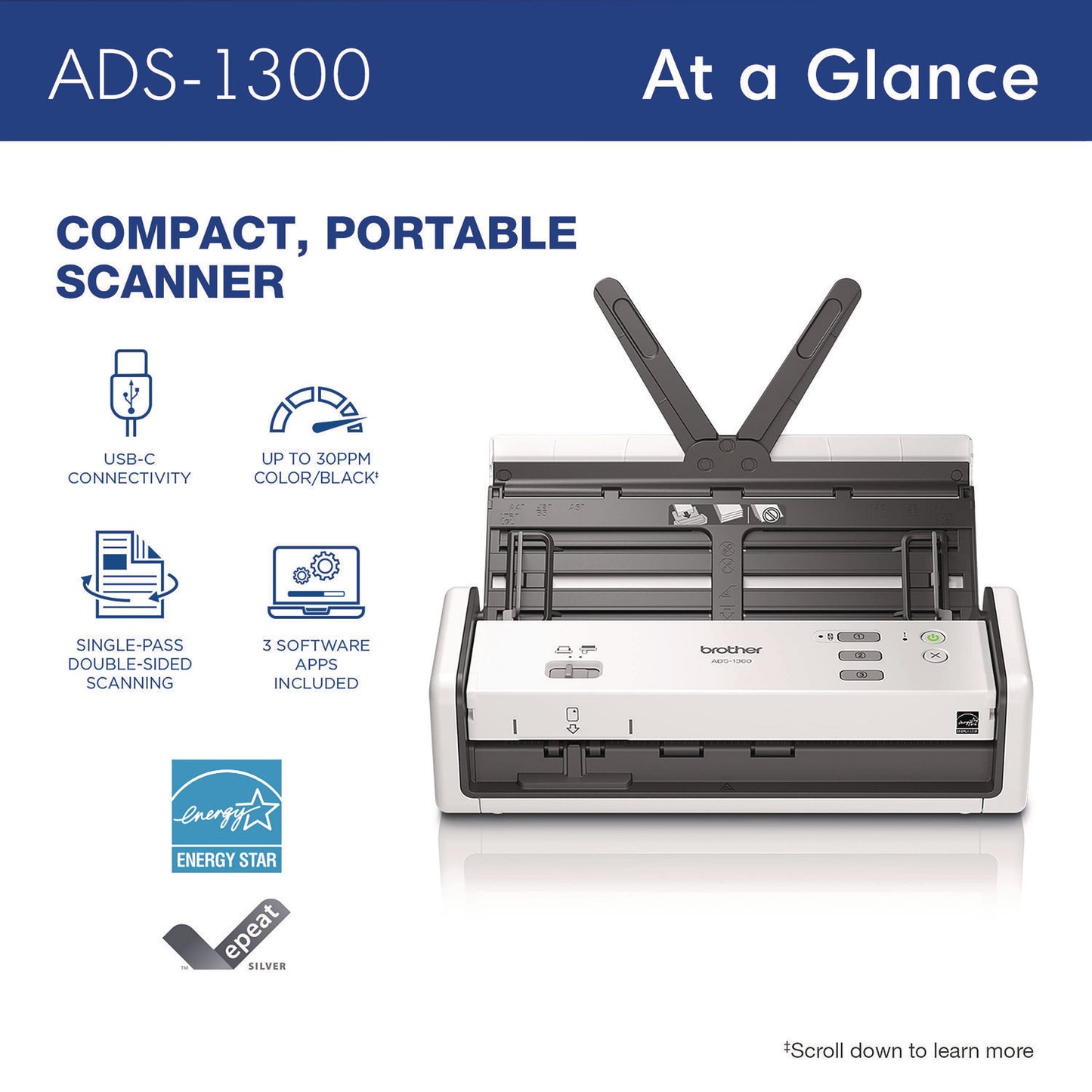 Brother ADS-1300 Compact Desktop Scanner, 600 dpi x 600 dpi Optical Resolution, 20-Sheet Duplex Auto Document Feeder