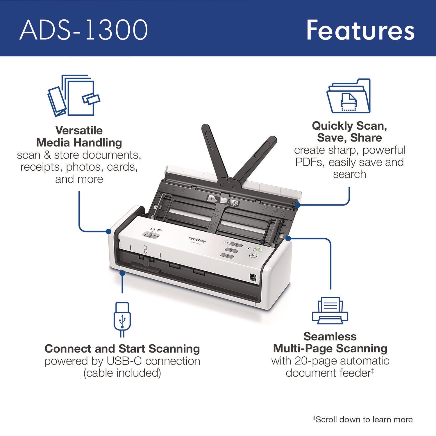 Brother ADS-1300 Compact Desktop Scanner, 600 dpi x 600 dpi Optical Resolution, 20-Sheet Duplex Auto Document Feeder