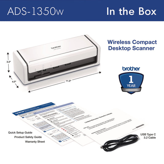 Brother ADS-1350W Compact Desktop Scanner, 600 dpi x 600 dpi Optical Resolution, 20-Sheet Duplex Auto Document Feeder