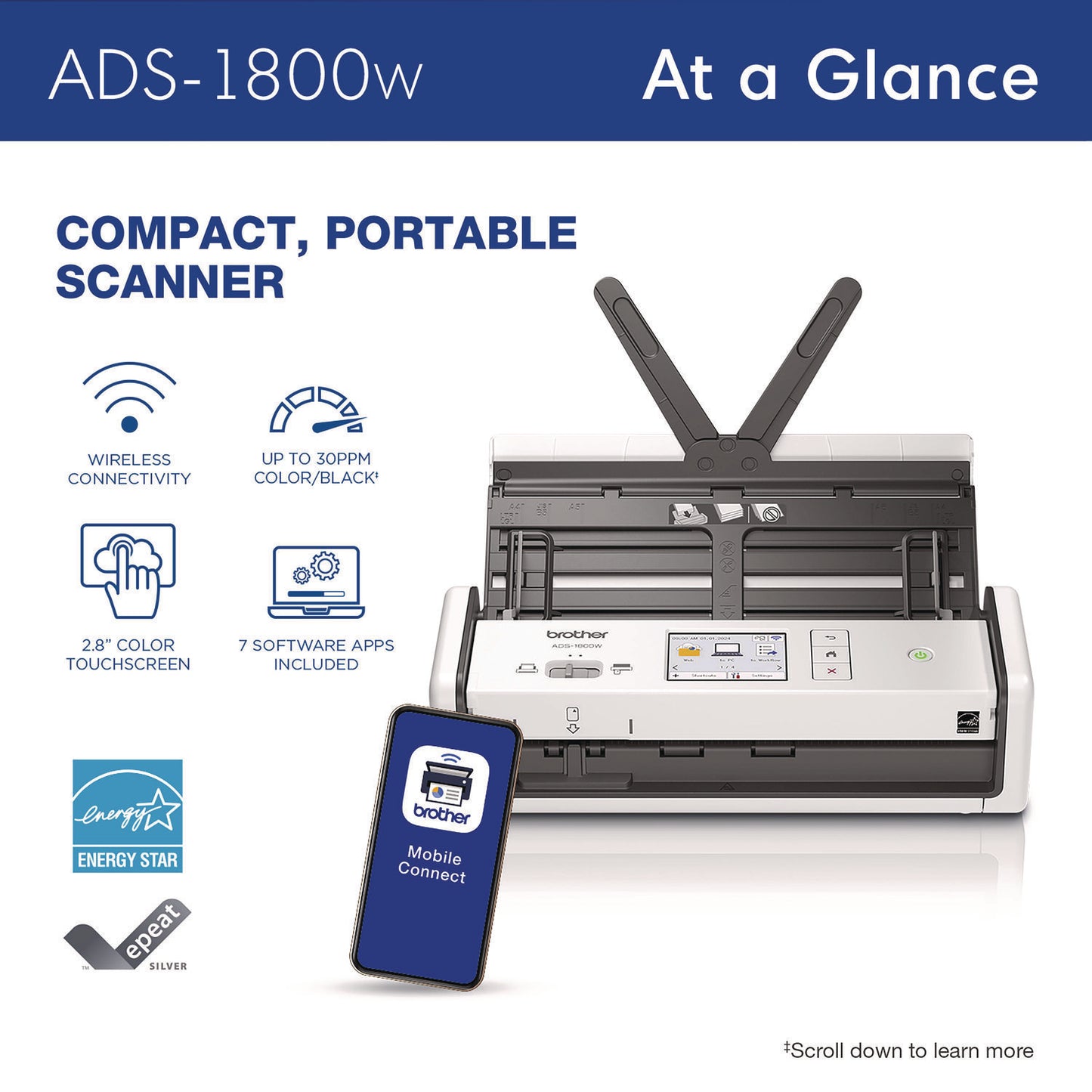 Brother ADS-1800W Compact Desktop Scanner, 600 dpi x 600 dpi Optical Resolution, 20-Sheet Duplex Auto Document Feeder