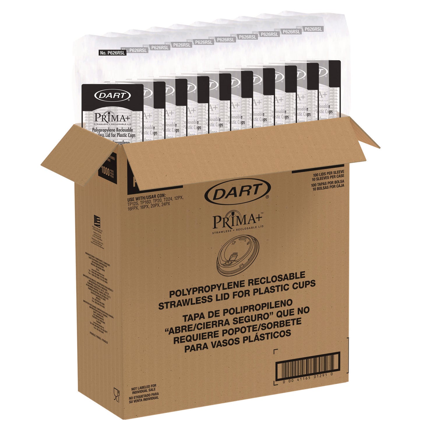 Dart Prima Strawless Plastic Lids, Fits 12 oz to 26 oz Cups, Clear, 100 Lids/Sleeve, 10 Sleeves/Carton (P626RSL)