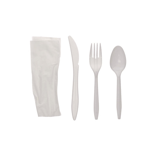 Pactiv Fieldware Cutlery, Individually Wrapped, Fork, Knife, Teaspoon, Napkin, White, 250/Carton (FKFSKWNCH)