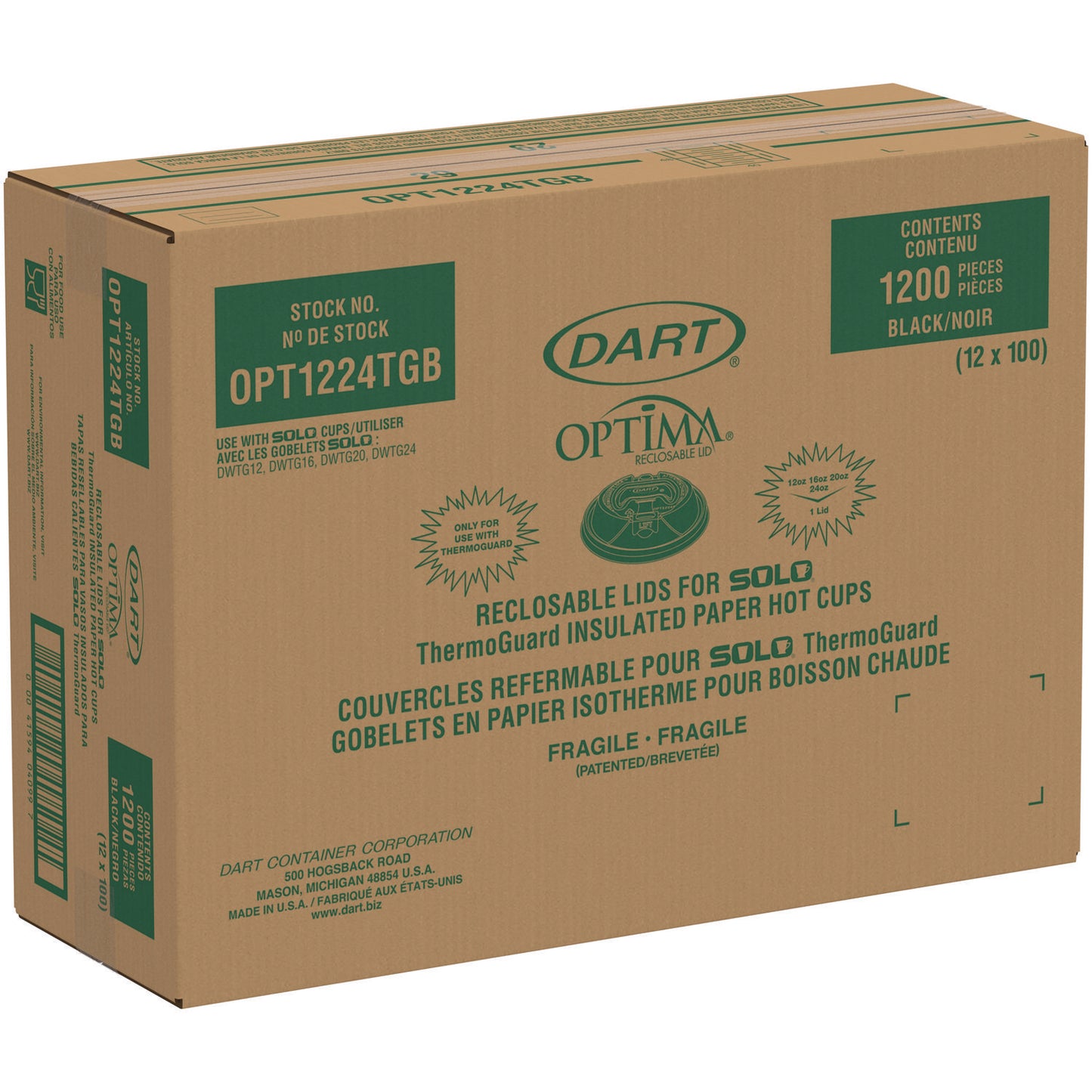 Dart Optima Reclosable Lids for Hot Paper Cups, 12 oz to 24 oz Hot Paper Cups, Black, 1,200/Carton (OPT1224TGB)