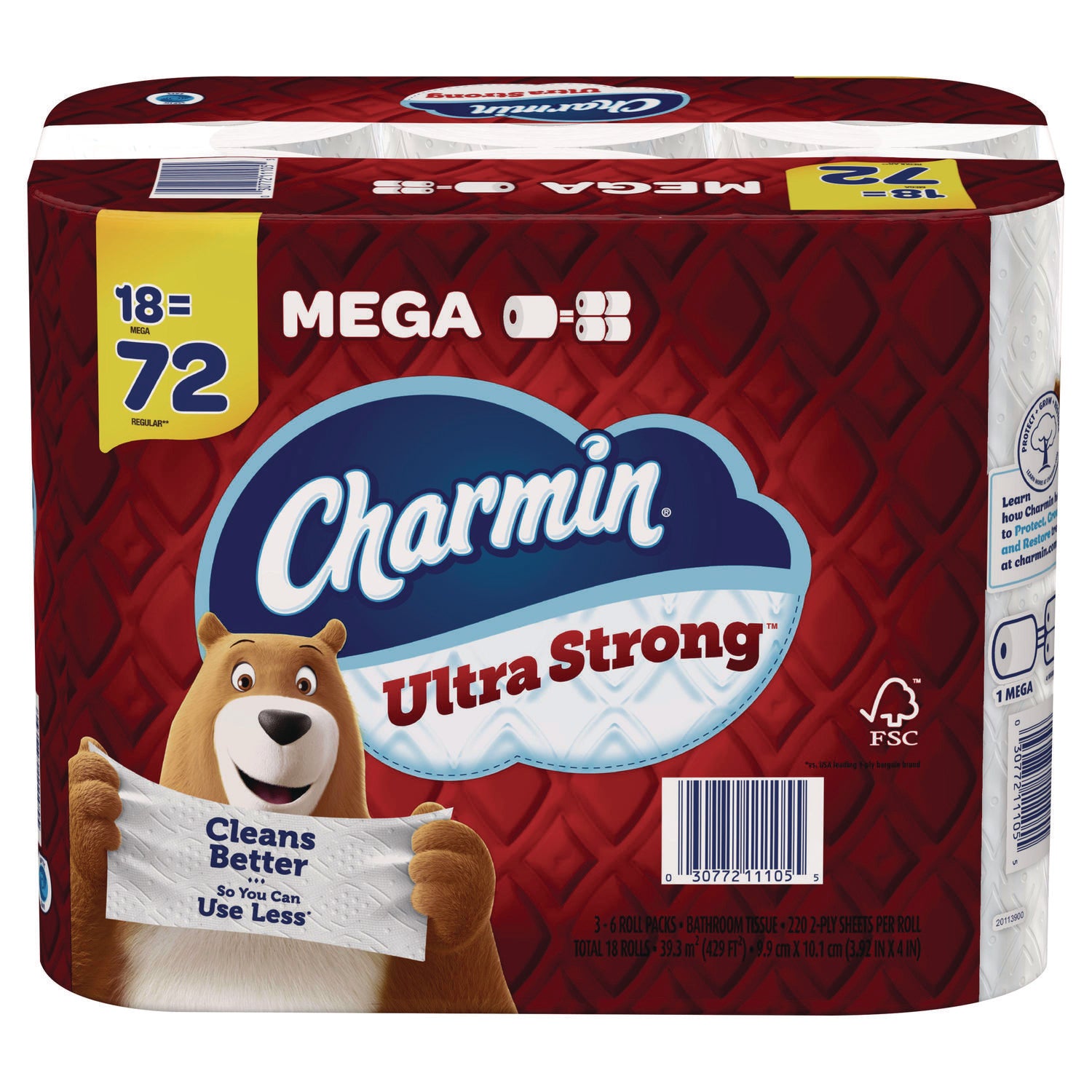 Charmin Ultra Strong Bathroom Tissue, Septic Safe, 2-Ply, White, 220 Sheet/Roll, 18/Pack (11105)