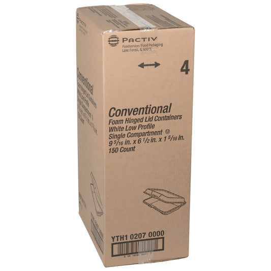 Pactiv Conventional Foam Hinged Lid Container, Very Shallow, 9 x 6.5 x 1.3, White, 150/Carton (YTH102070000)