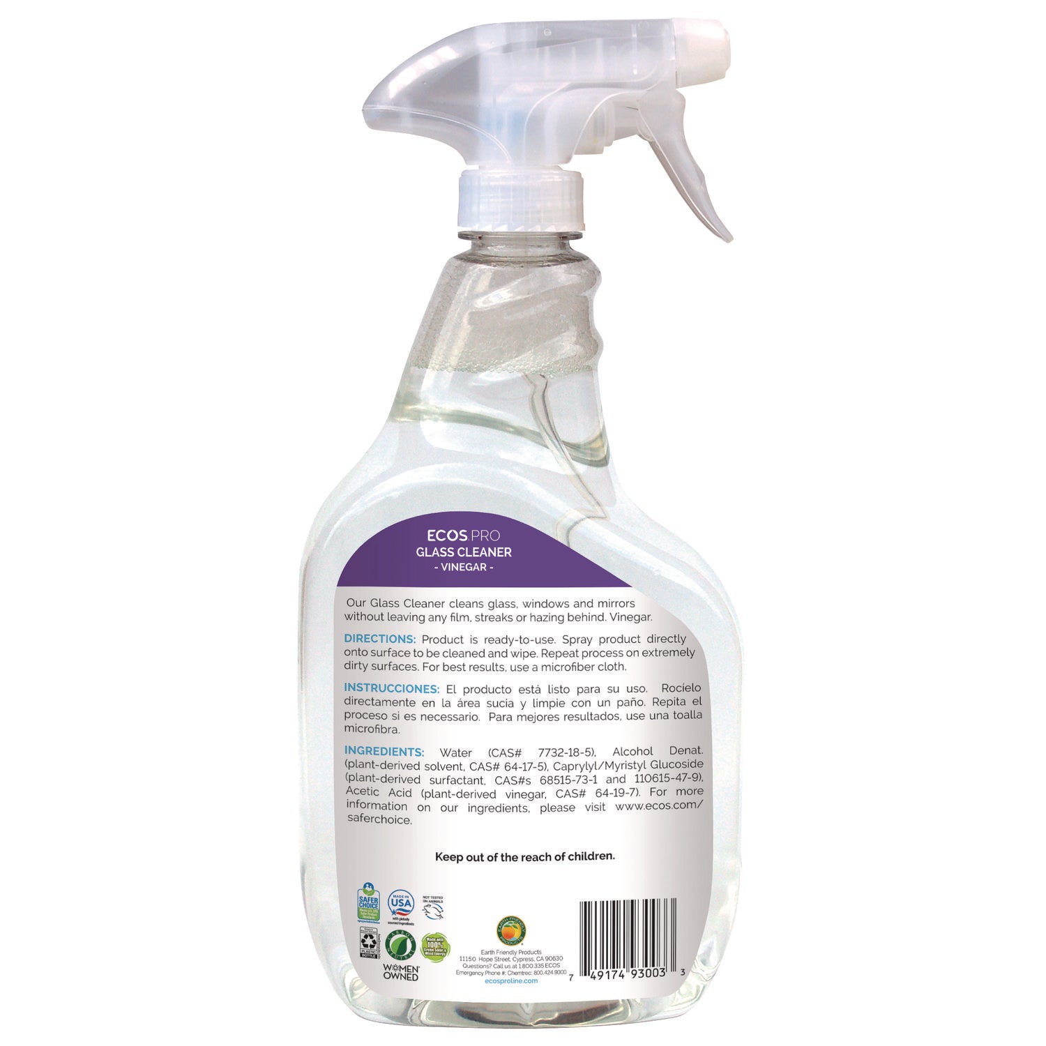 ECOS PRO Glass Cleaner, Vinegar Scent, 32 oz Spray Bottle, 6/Carton (PL93006CT)