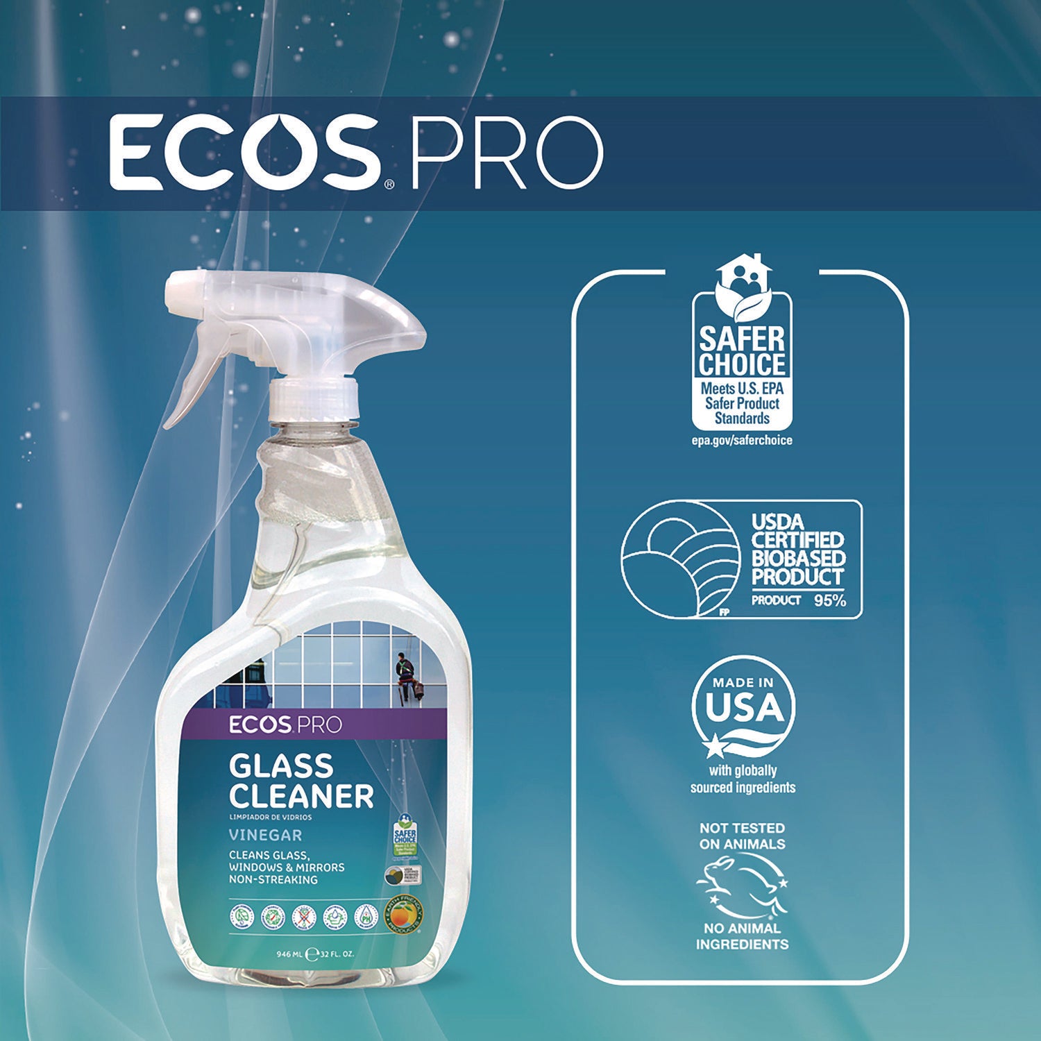 ECOS PRO Glass Cleaner, Vinegar Scent, 32 oz Spray Bottle, 6/Carton (PL93006CT)